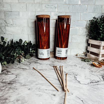 Extra Long Apothecary Matches in Amber Glass Jar With Cork Lid (150 count)