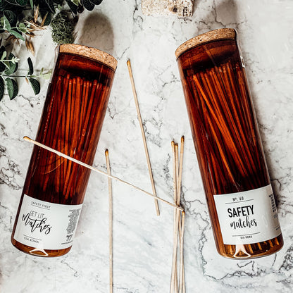 Extra Long Apothecary Matches in Amber Glass Jar With Cork Lid (150 count)