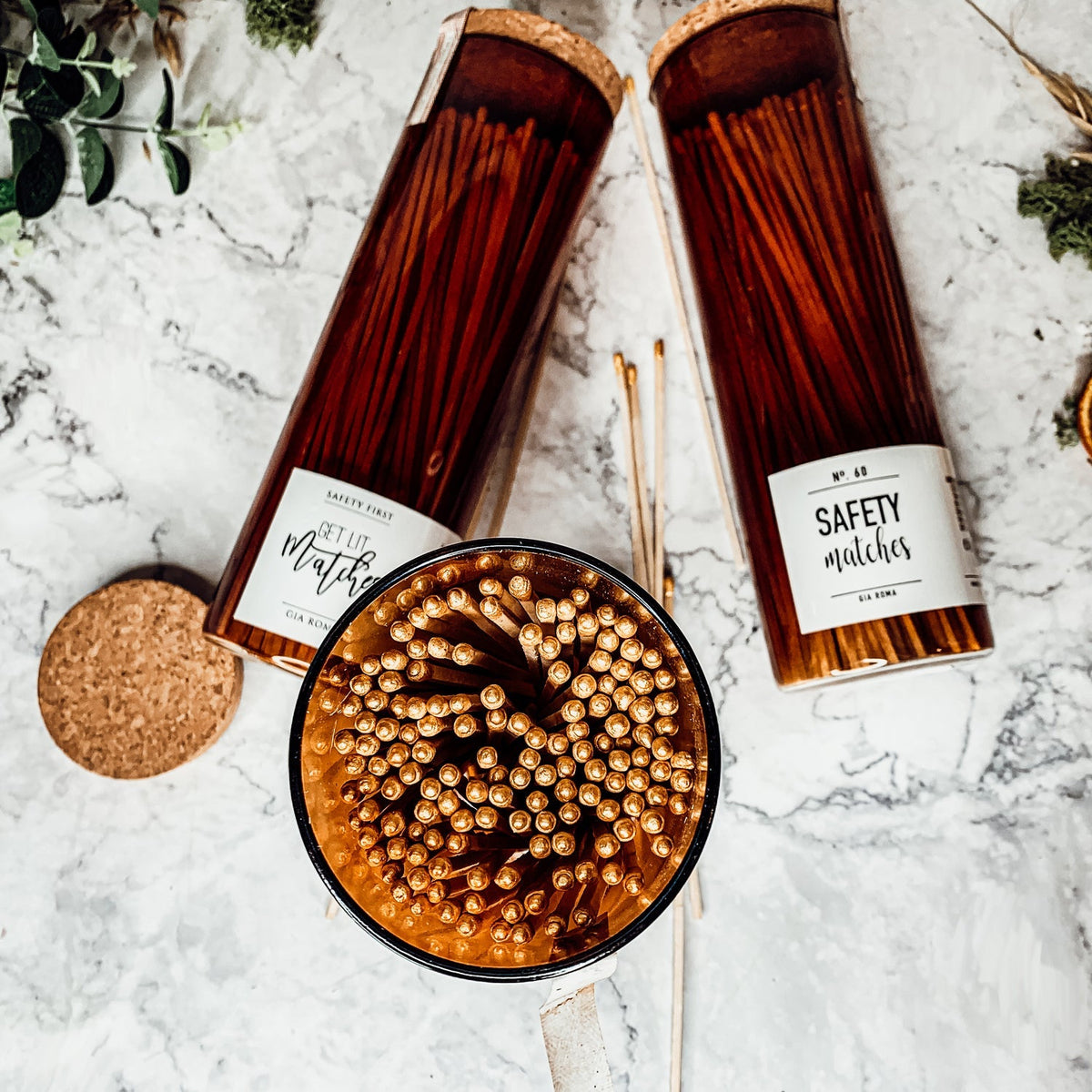 Extra Long Apothecary Matches in Amber Glass Jar With Cork Lid (150 count)