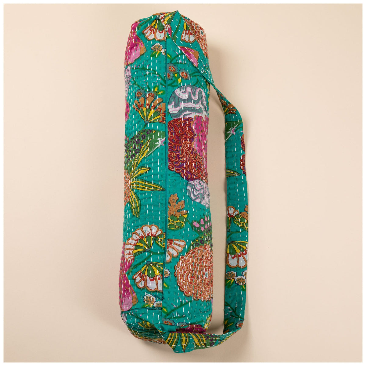 100% Cotton Recycled Kantha Yoga Mat Bag with Zipper Closure and Carrying Strap