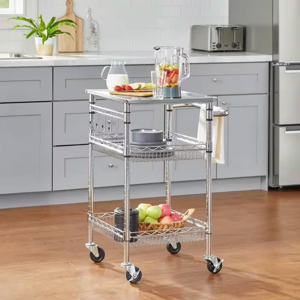 Small Stainless Steel Rolling Utility Kitchen Cart with Towel Rack, Shelves, and Hooks
