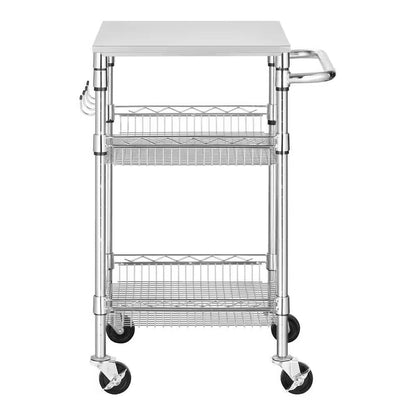 Small Stainless Steel Rolling Utility Kitchen Cart with Towel Rack, Shelves, and Hooks