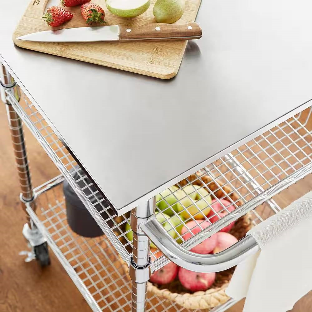 Small Stainless Steel Rolling Utility Kitchen Cart with Towel Rack, Shelves, and Hooks