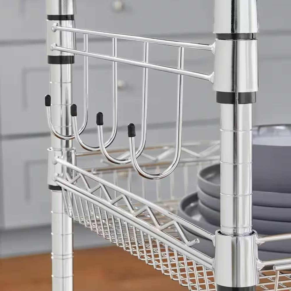 Small Stainless Steel Rolling Utility Kitchen Cart with Towel Rack, Shelves, and Hooks