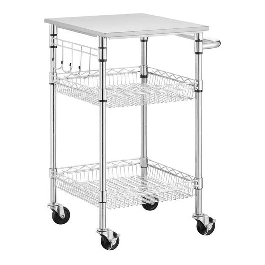 Small Stainless Steel Rolling Utility Kitchen Cart with Towel Rack, Shelves, and Hooks