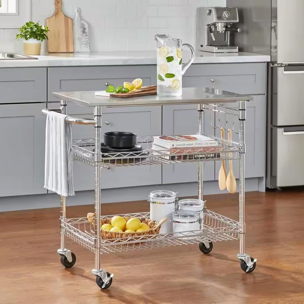 Large Stainless Steel Rolling Utility Kitchen Cart with Towel Rack, Shelves, and Hooks