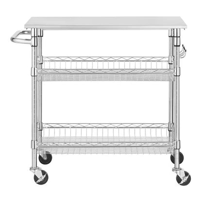 Large Stainless Steel Rolling Utility Kitchen Cart with Towel Rack, Shelves, and Hooks
