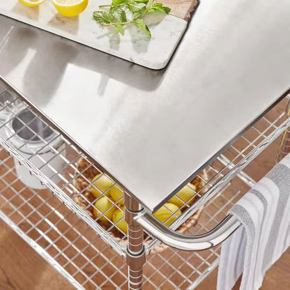 Large Stainless Steel Rolling Utility Kitchen Cart with Towel Rack, Shelves, and Hooks