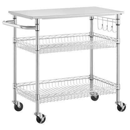 Large Stainless Steel Rolling Utility Kitchen Cart with Towel Rack, Shelves, and Hooks