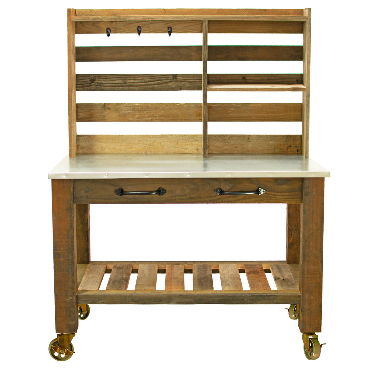 Reclaimed Redwood Rolling Table with Hutch and Cast Iron Casters