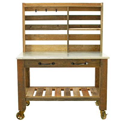 Reclaimed Redwood Rolling Table with Hutch and Cast Iron Casters