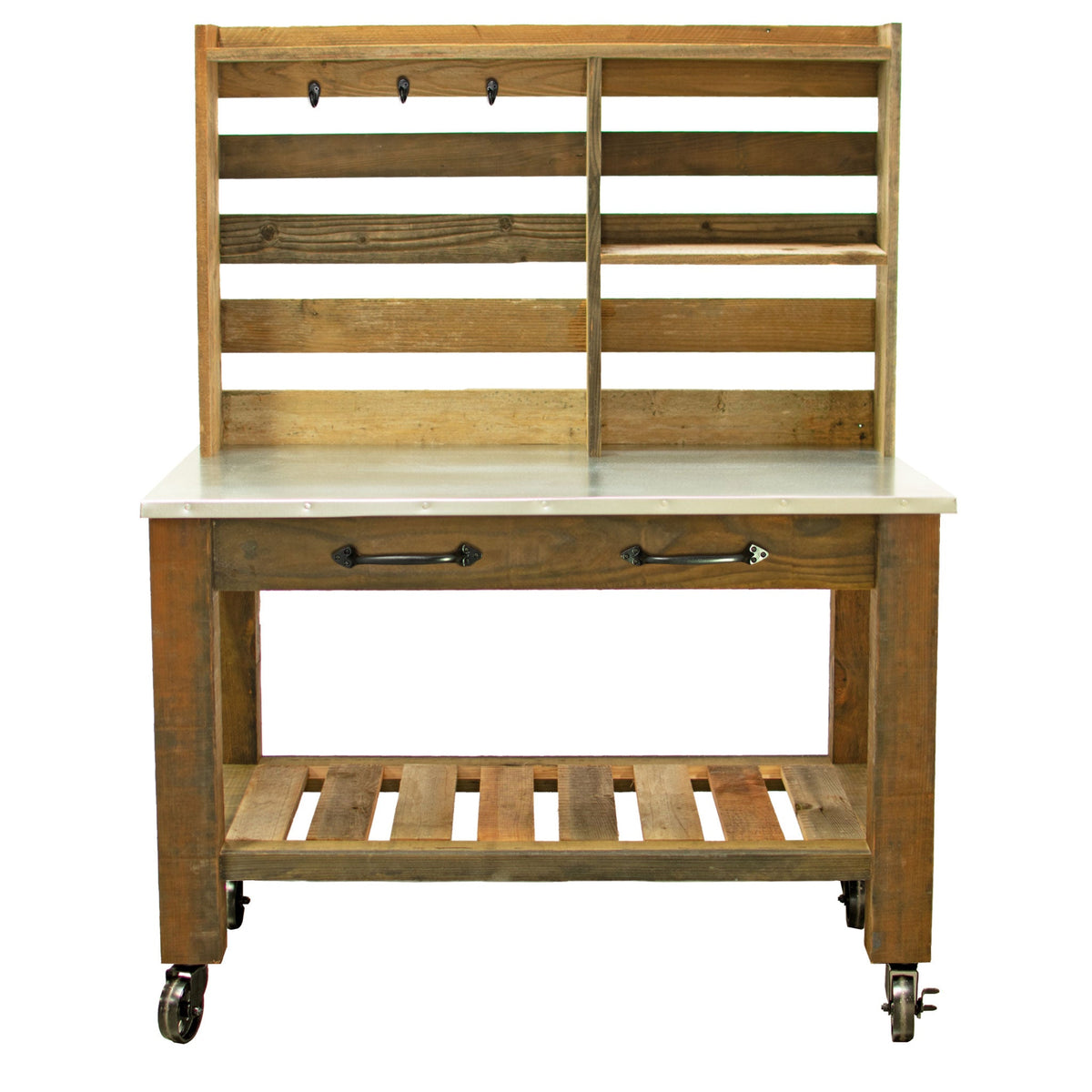 Reclaimed Redwood Rolling Table with Hutch and Cast Iron Casters
