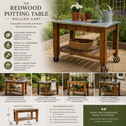 Reclaimed Redwood Rolling Cart with Cast Iron Casters