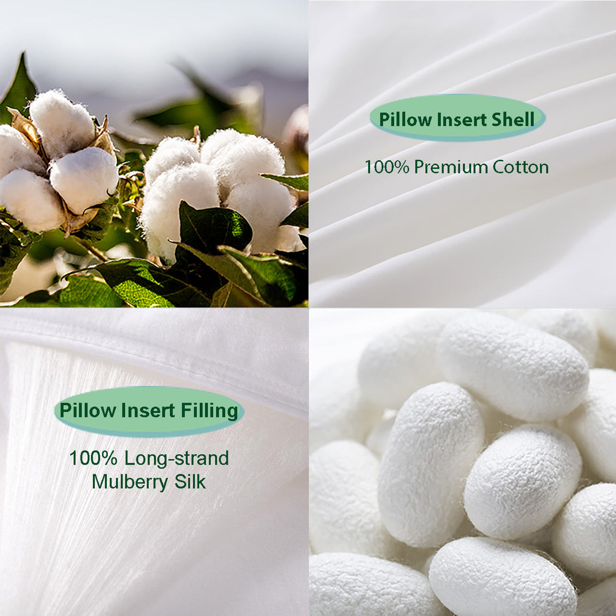 100% Mulberry Silk Filled Pillow Insert (Soft)