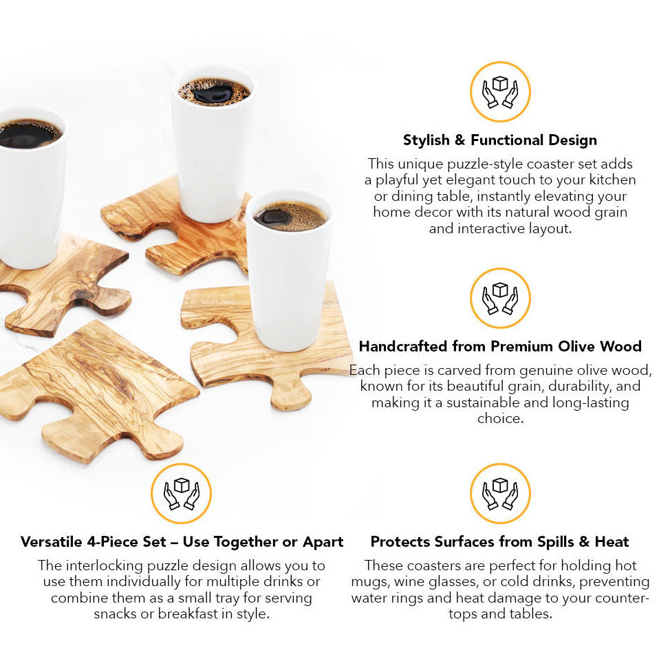 Handmade Olive Wood Coaster Puzzle Set (Turns into serving mat!)