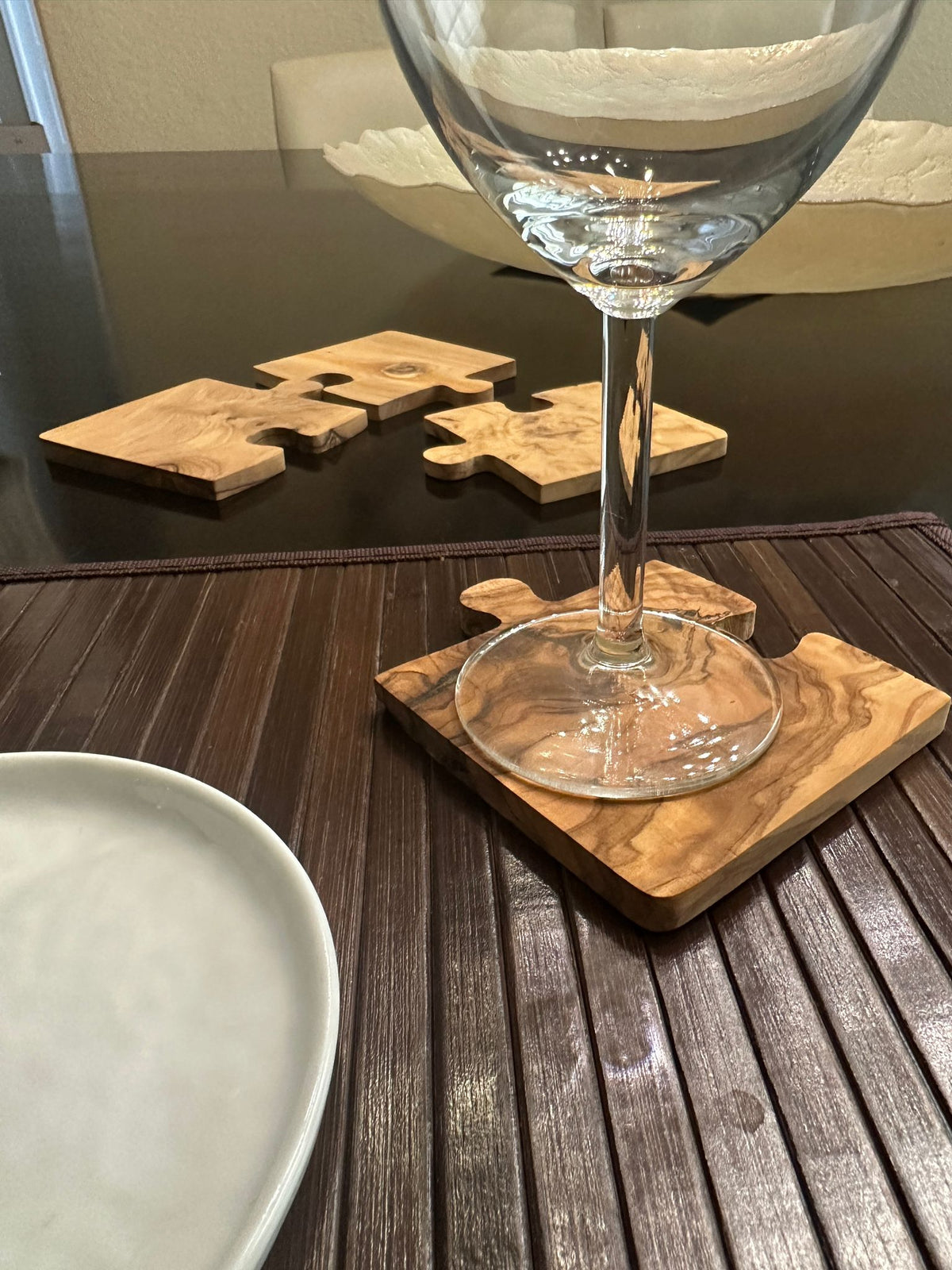 Handmade Olive Wood Coaster Puzzle Set (Turns into serving mat!)