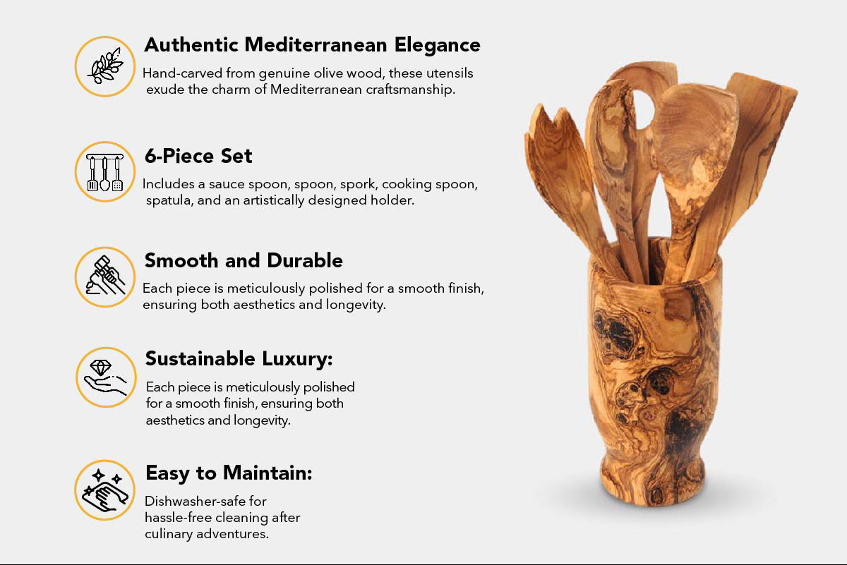 6-Piece Hand-Carved Olive Wood Utensil Set