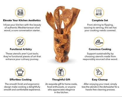 6-Piece Hand-Carved Olive Wood Utensil Set