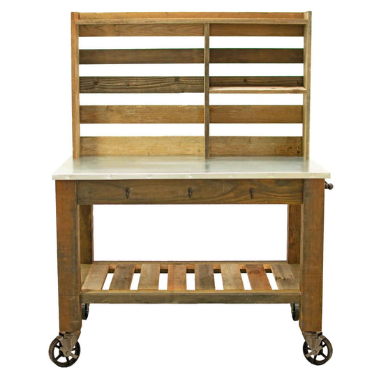 Reclaimed Redwood Rolling Table with Hutch and Cast Iron Casters - Low Plastic Lifestyle