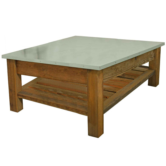 Redwood Patio Coffee Table with Steel-Zinc Tabletop