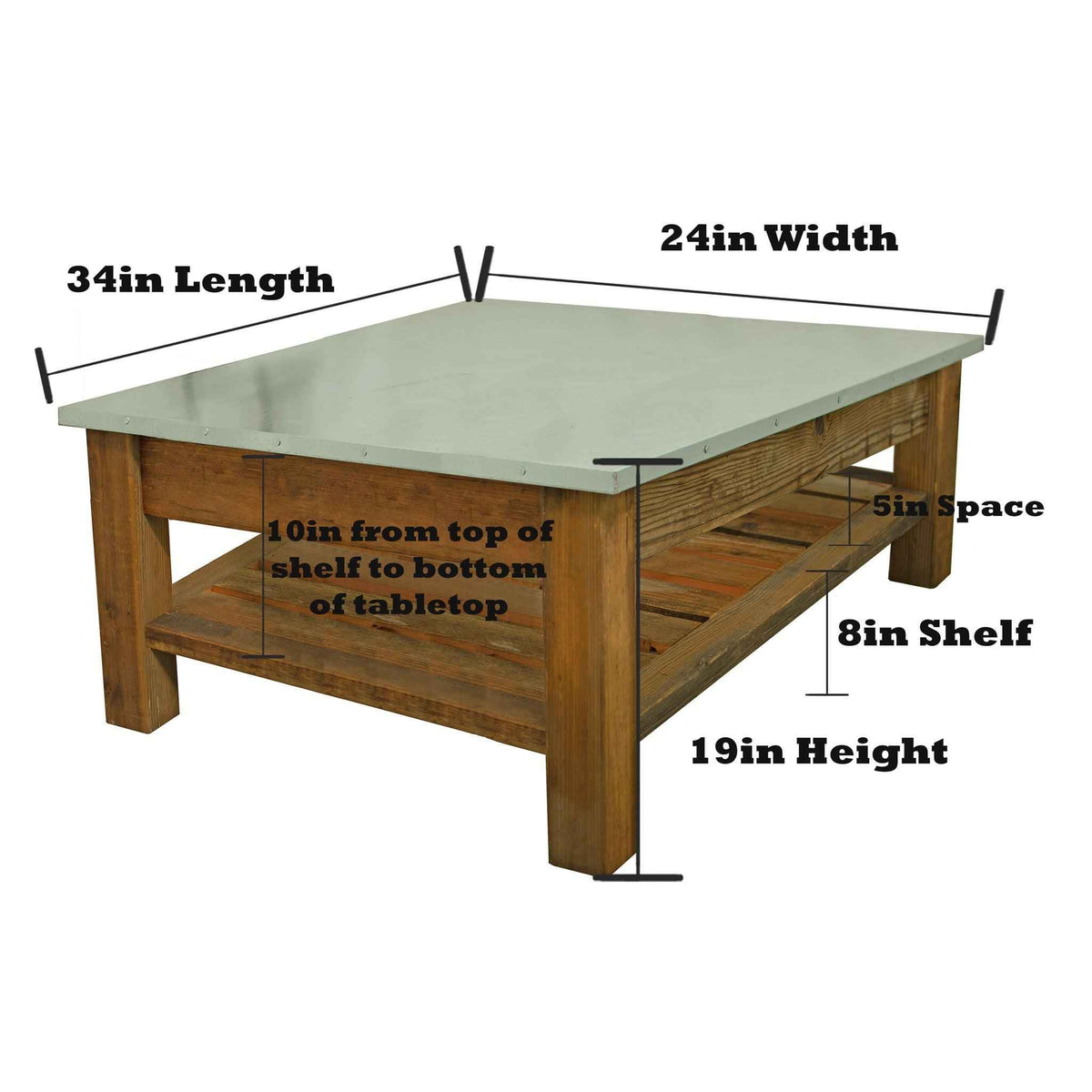 Redwood Patio Coffee Table with Steel-Zinc Tabletop