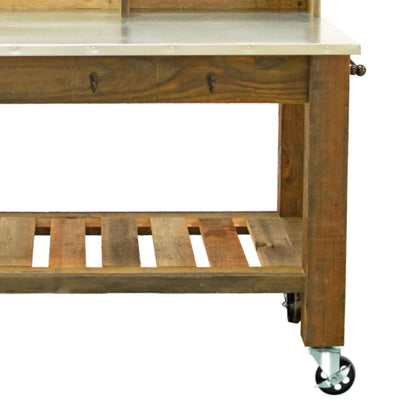 Reclaimed Redwood Rolling Table with Hutch and Cast Iron Casters
