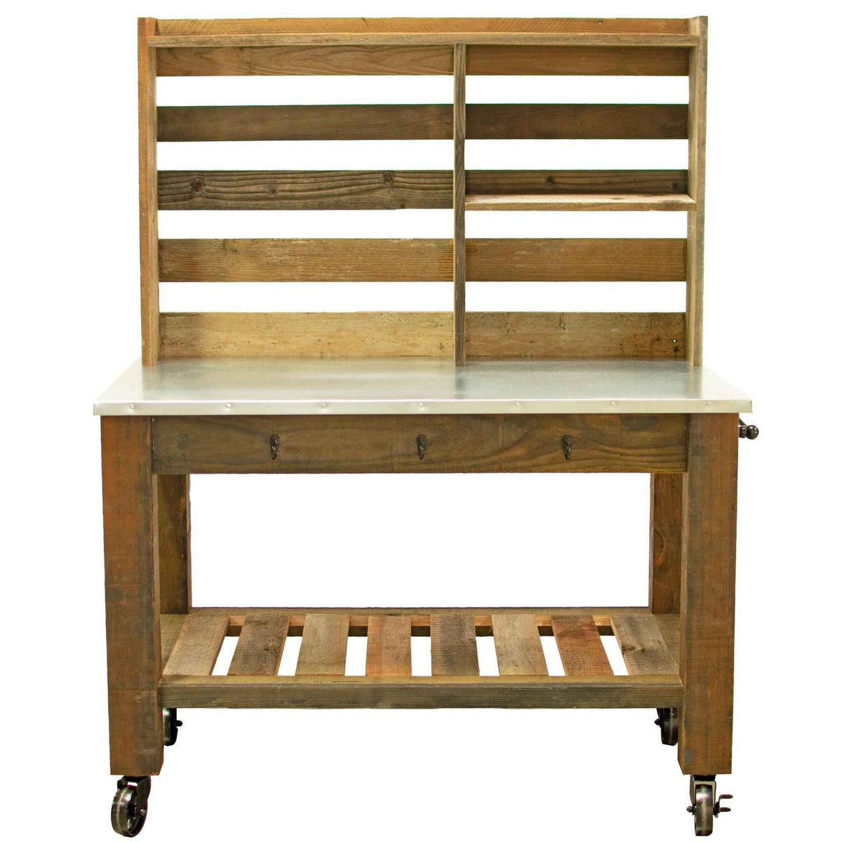 Reclaimed Redwood Rolling Table with Hutch and Cast Iron Casters