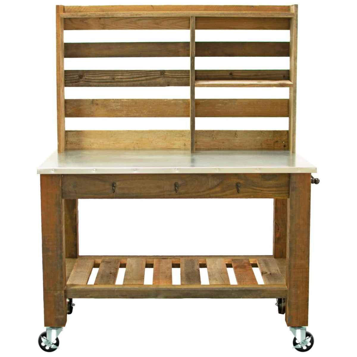 Reclaimed Redwood Rolling Table with Hutch and Cast Iron Casters