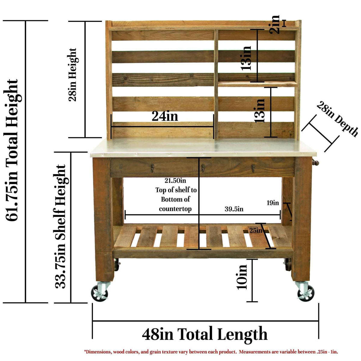 Reclaimed Redwood Rolling Table with Hutch and Cast Iron Casters