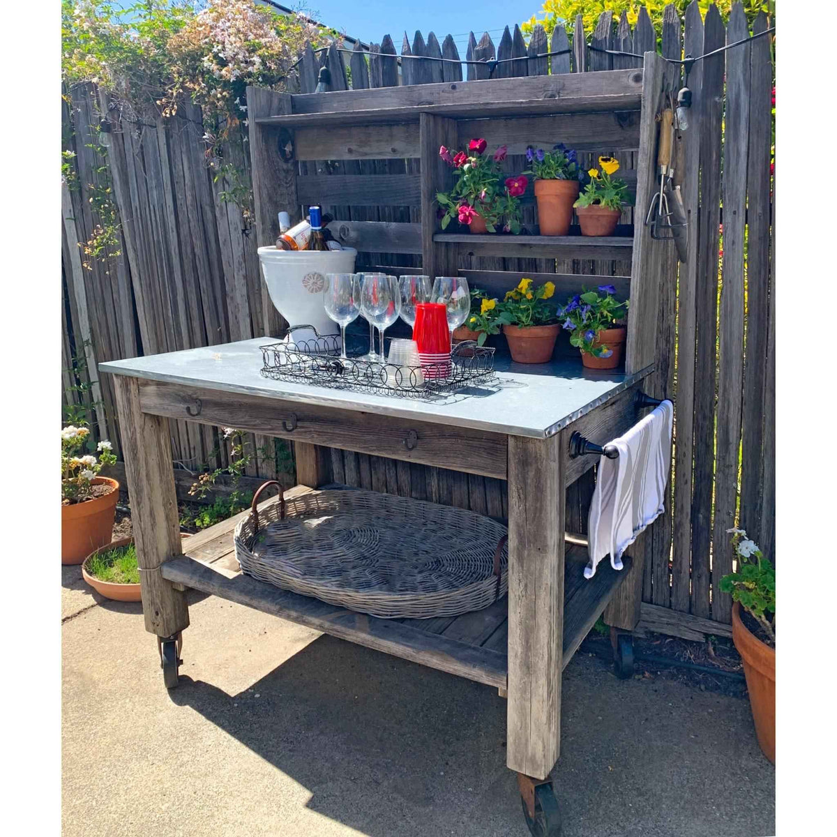 Reclaimed Redwood Rolling Table with Hutch and Cast Iron Casters