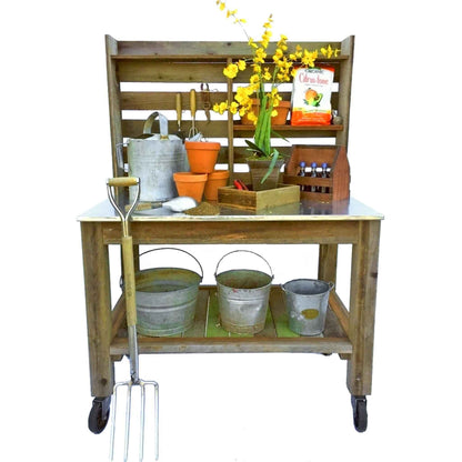 Reclaimed Redwood Rolling Table with Hutch and Cast Iron Casters