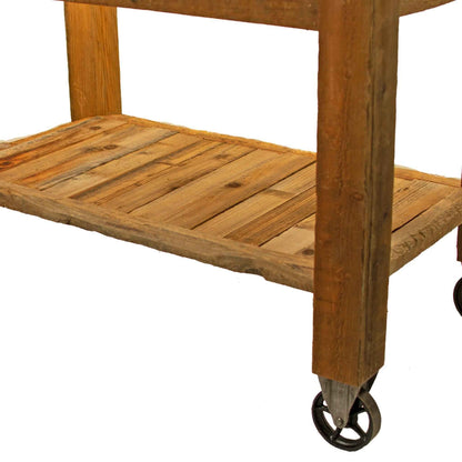 Reclaimed Redwood Rolling Table with Hutch and Cast Iron Casters