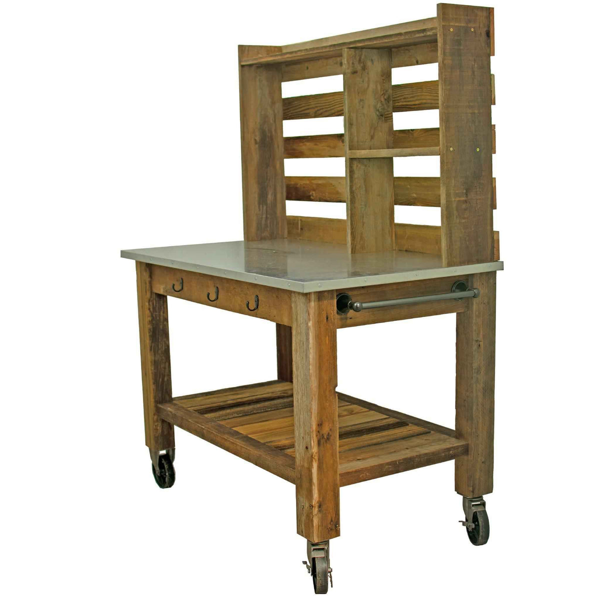 Reclaimed Redwood Rolling Table with Hutch and Cast Iron Casters