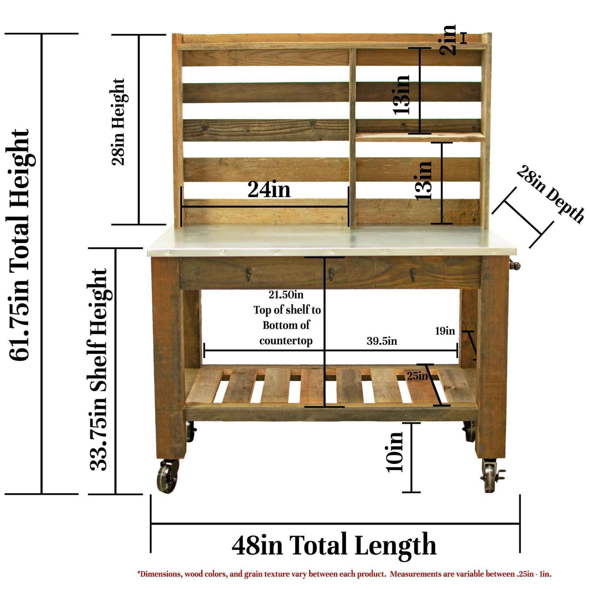 Reclaimed Redwood Rolling Table with Hutch and Cast Iron Casters