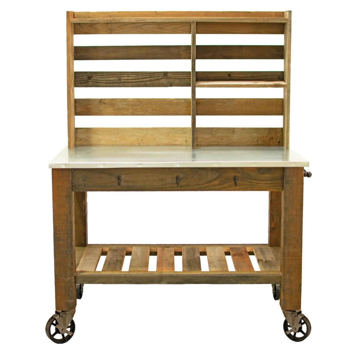 Reclaimed Redwood Rolling Table with Hutch and Cast Iron Casters
