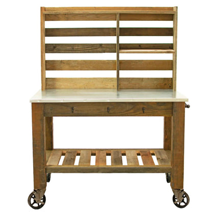 Reclaimed Redwood Rolling Table with Hutch and Cast Iron Casters