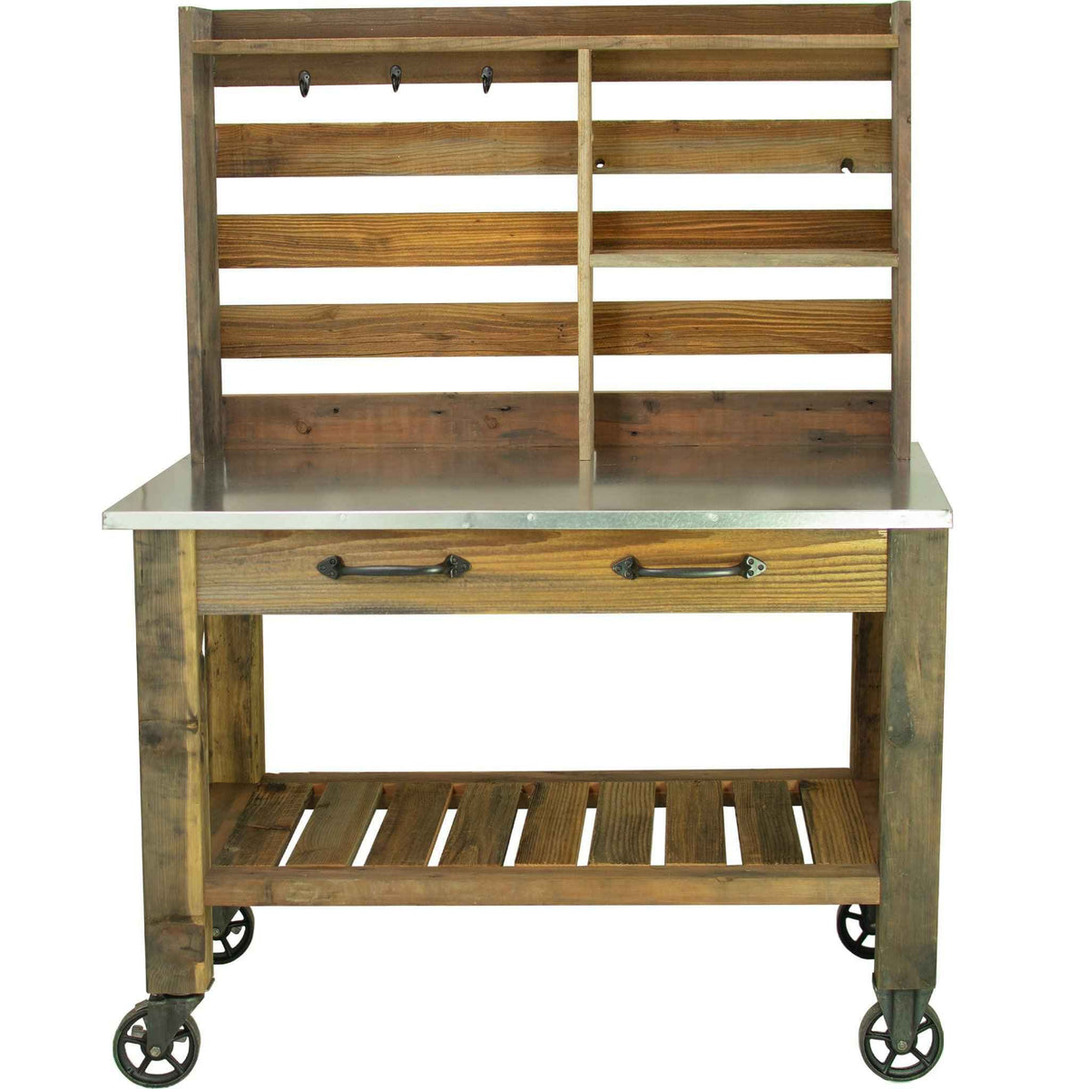 Reclaimed Redwood Rolling Table with Hutch and Cast Iron Casters