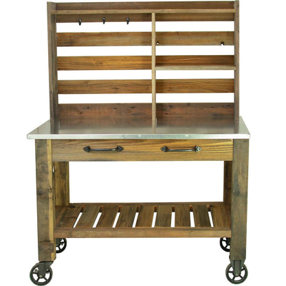 Reclaimed Redwood Rolling Table with Hutch and Cast Iron Casters