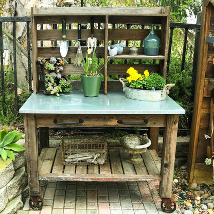 Reclaimed Redwood Rolling Table with Hutch and Cast Iron Casters