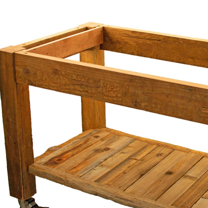Reclaimed Redwood Rolling Table with Hutch and Cast Iron Casters