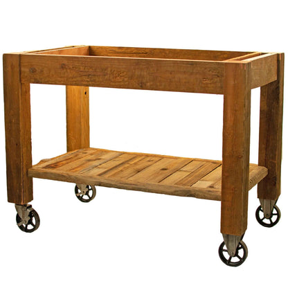 Reclaimed Redwood Rolling Table with Hutch and Cast Iron Casters