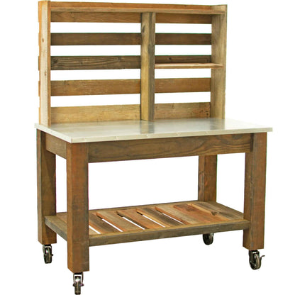 Reclaimed Redwood Rolling Table with Hutch and Cast Iron Casters
