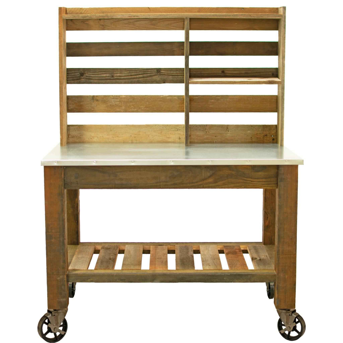 Reclaimed Redwood Rolling Table with Hutch and Cast Iron Casters