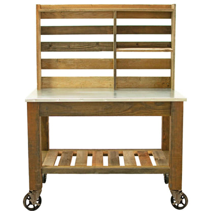 Reclaimed Redwood Rolling Table with Hutch and Cast Iron Casters
