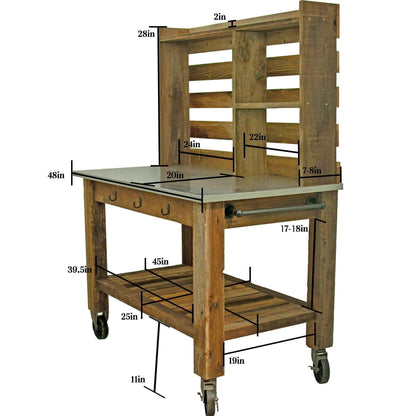 Reclaimed Redwood Rolling Table with Hutch and Cast Iron Casters