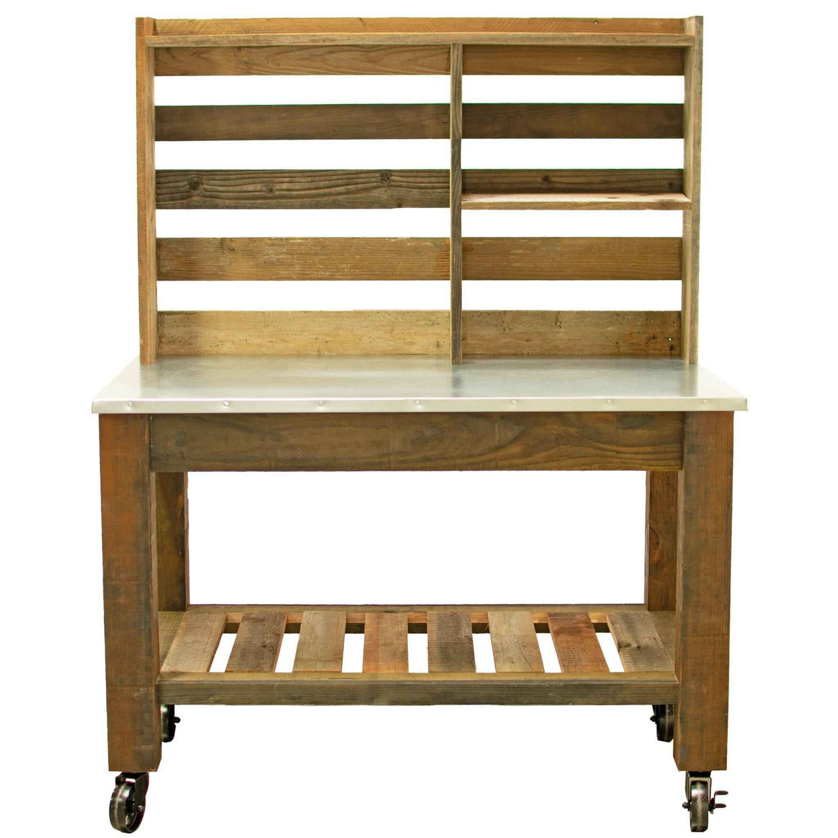Reclaimed Redwood Rolling Table with Hutch and Cast Iron Casters
