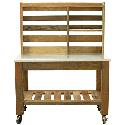 Reclaimed Redwood Rolling Table with Hutch and Cast Iron Casters