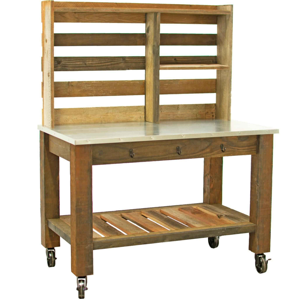 Reclaimed Redwood Rolling Table with Hutch and Cast Iron Casters