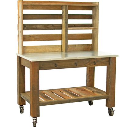 Reclaimed Redwood Rolling Table with Hutch and Cast Iron Casters