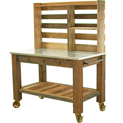 Reclaimed Redwood Rolling Table with Hutch and Cast Iron Casters